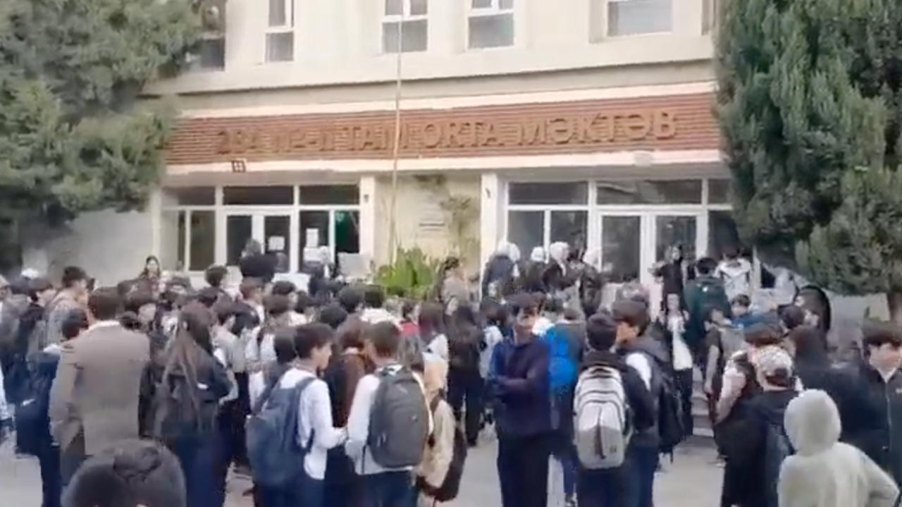 Students outside a Baku school protest